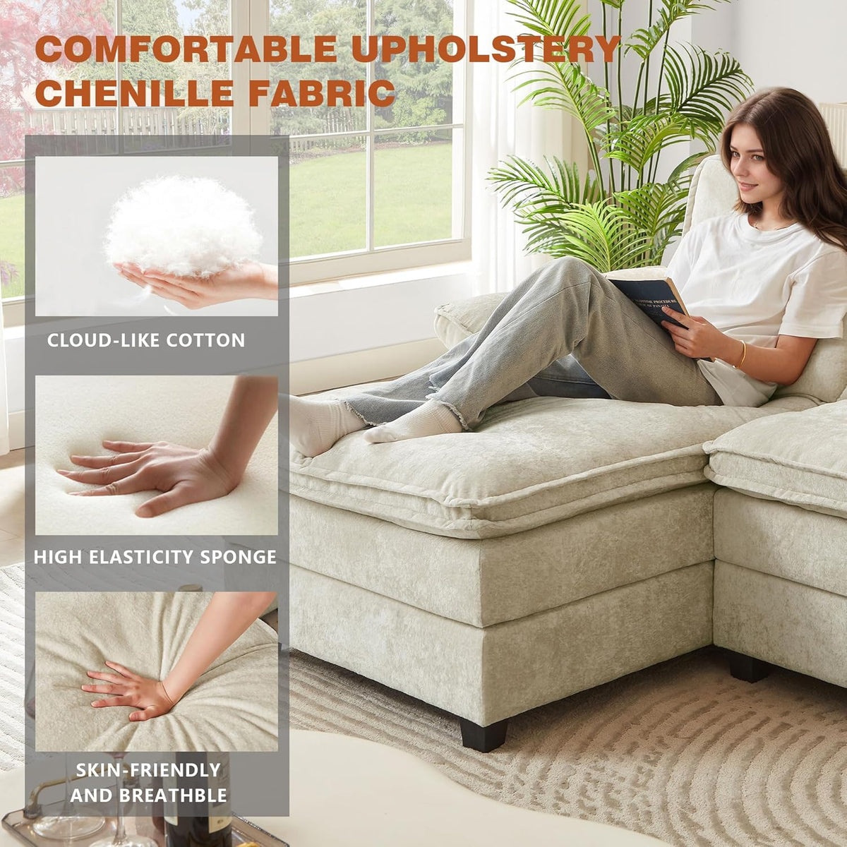 113" Oversized Cloud Couch, U Shape Sectional 4 Seat Sofa with Double Chaises, 2 Layer Cusions, Deep Seat Comfy Sofa, Upholstery Chenille Fabric for Living Room, Beige