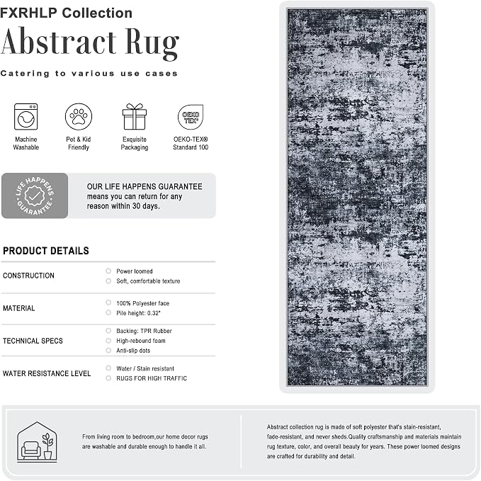 3x10 Washable Runner Rug：Modern Abstract Kitchen Carpet Black | - Image 2