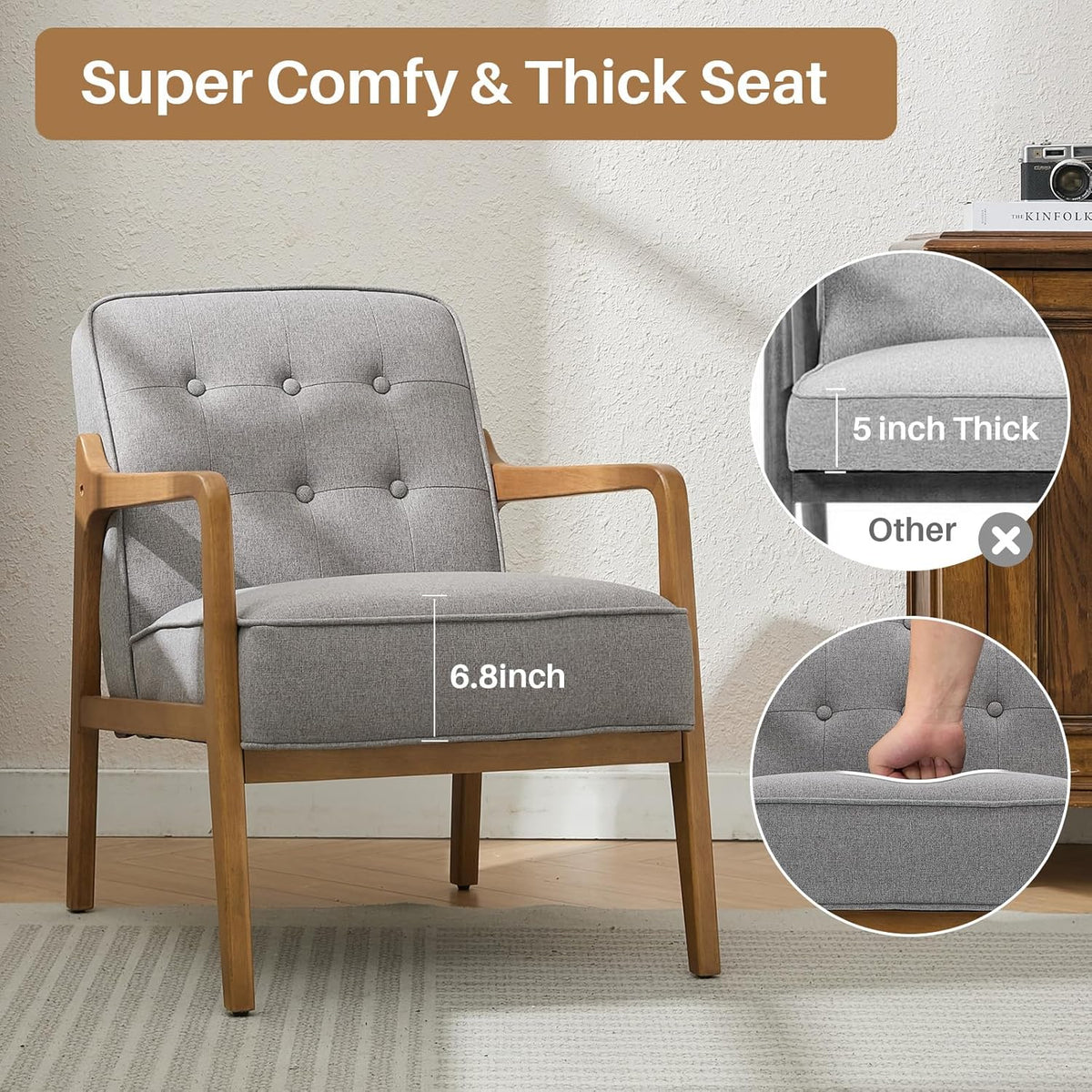 Linen Accent Chair, Mid Century Modern Chair for Living Room, Upholstered Comfy Lounge Armchair with Solid Wood Frame, Reading Side Chair for Bedroom,105°Ergonomic Comfort, Grey