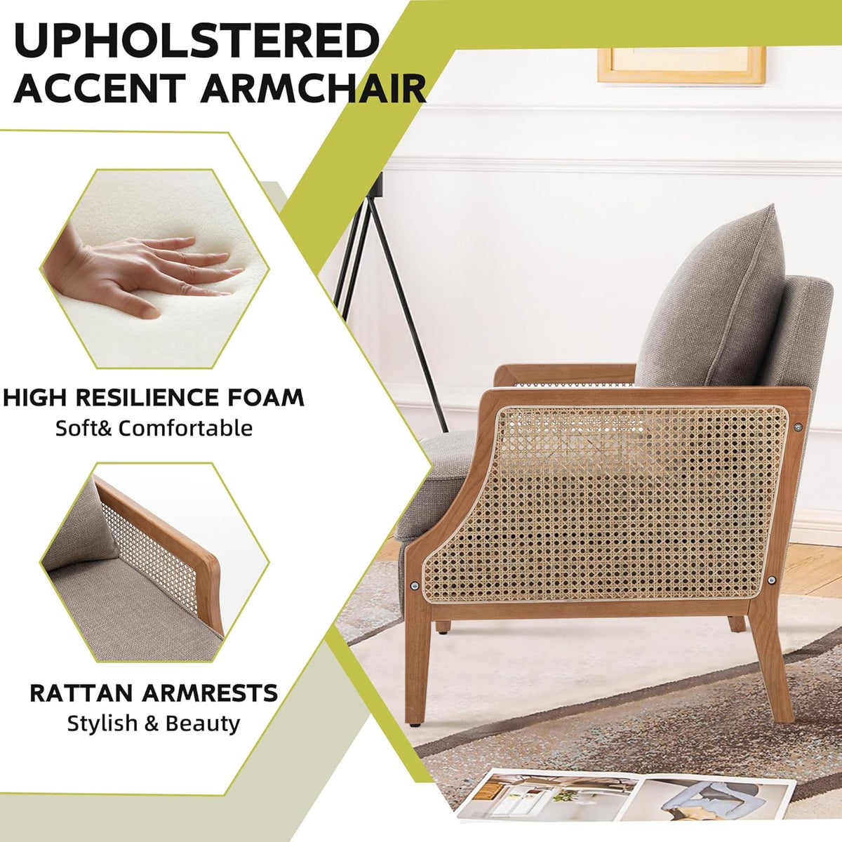 HAOBO Home Mid Century Modern Accent Chair Upholstered Living Room Chairs Armchair with Rattan Armrest Comfy Reading Chair with Wood Frame Lounge Side Chair with Waist Cushion