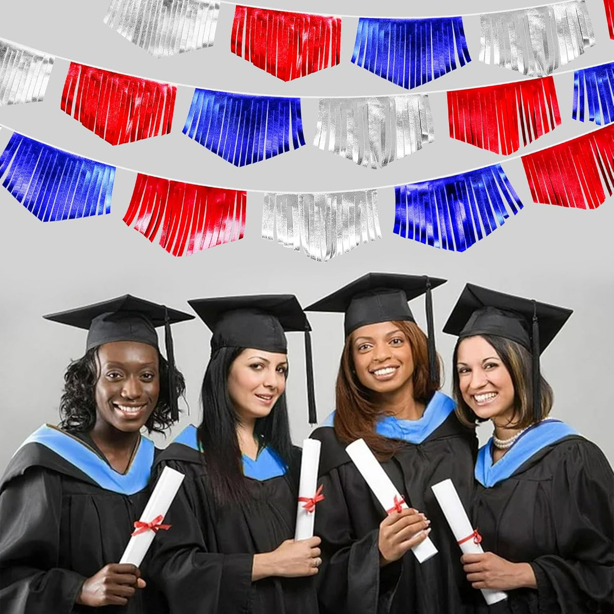 Blue Red Silver Tassel Banner Metallic Fabric Pennant Bunting Flag for 4th of July American USA National Day Patriotic Veterans Graduation Wedding Birthday Retirement Nautical Party Decorations