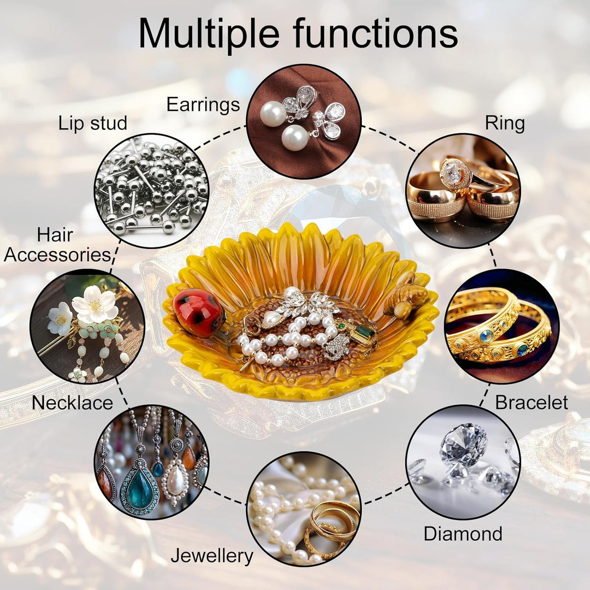 Sunflower Jewelry Dish Trinket Tray Ceramic Key Tray Bowl for Entryway Table, Sunflower Candy Dish Soap Holder Gift Decorative Bowl for Home Decor Kitchen Bathroom Sink (Bee, Ladybug)