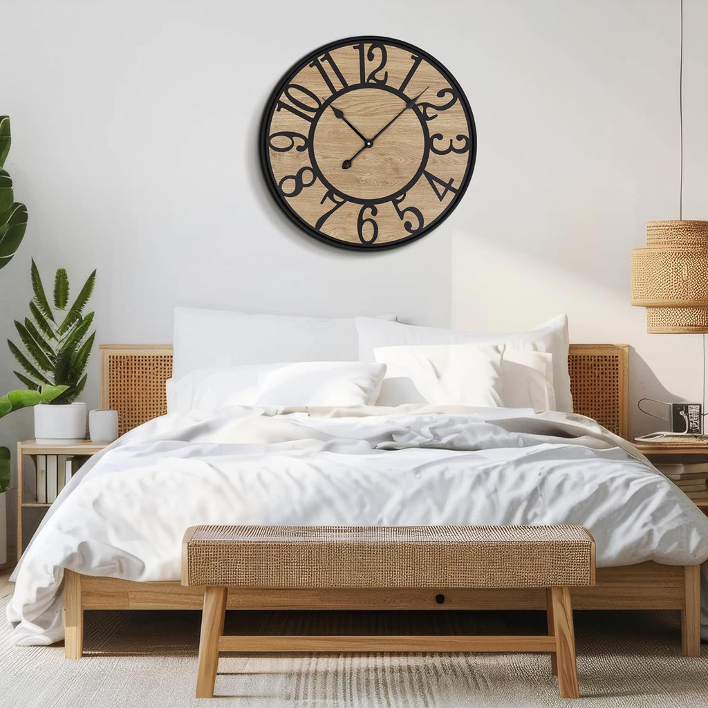 Large Wall Clock for Living Room Decor, Non Ticking Silent, Battery Operated Modern Vintage Wood Wall Clock Oversized Decorative Wall Clock for Bedroom Kitchen Farmhouse Office Decor