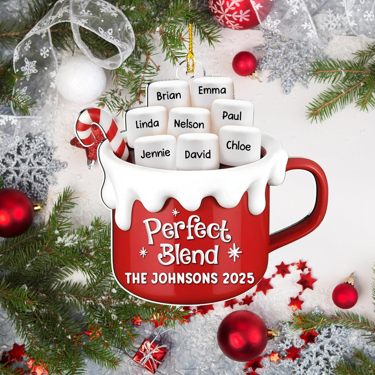 A Blend of Christmas Cheer Personalized Acrylic Ornament – Custom Name Charms Family Members up to 10 People, Holiday Decoration for Family Members & Friends