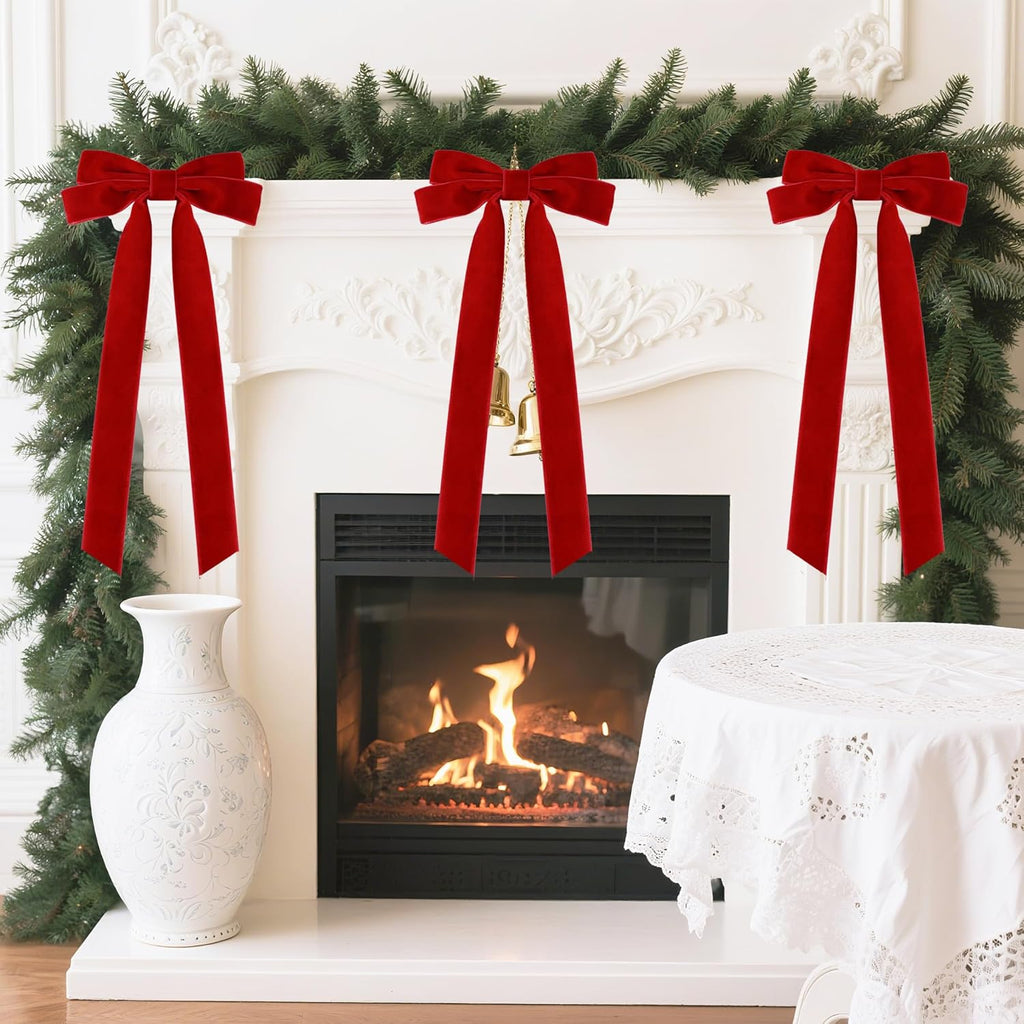 Senjie Velvet Large Christmas Bows for Staircase Garland Wreath, 20in x 8in Vintage Ribbon Bows with Twist Tie for Xmas Tree Holiday Indoor Outdoor Decorations (6Pcs, Red)