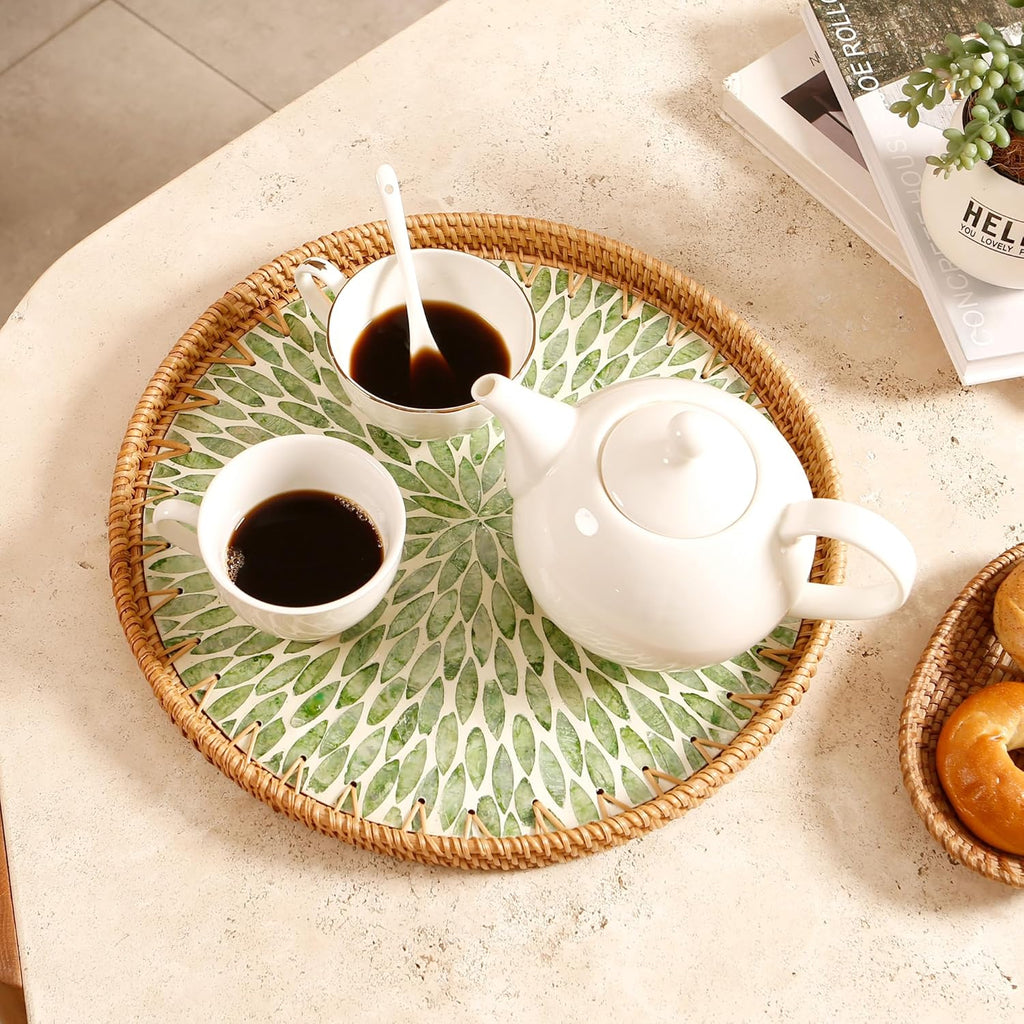 Round Rattan Tray with Mother of Pearl Inlay & Wooden Base - Decorative Wicker Serving Tray for Coffee/Bread/Fruits, Food Storage & Display - Multipurpose Home Decor (M,Green Leaves)