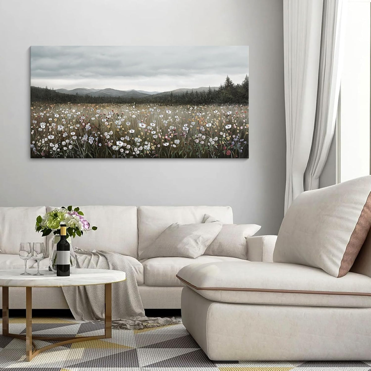 HGUAOA Vintage Framed Floral Landscape Wall Art for Living Room - Large Nature Artwork Above Bed Wall Decor - Farmhouse Mountain Pictures for Bedroom Wall Decor 20×40IN