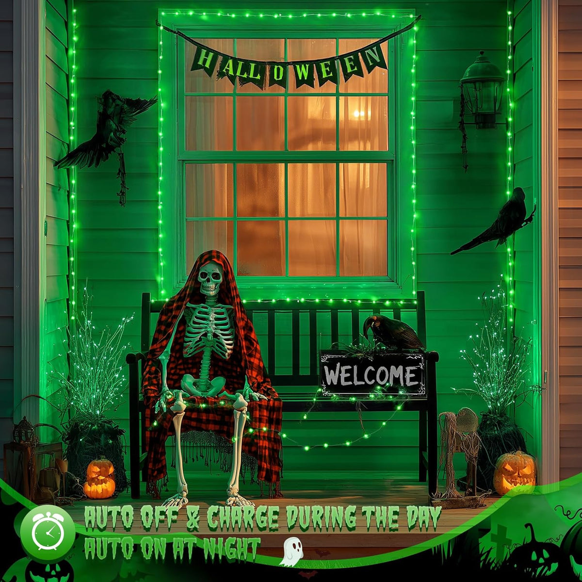 JMEXSUSS 2 Pack Green Halloween Lights, Each 33ft 100 LED Green Solar Lights Outdoor, Waterproof Solar Fairy String Light for Outside Patio Garden Party Tree Christmas Halloween Decorations