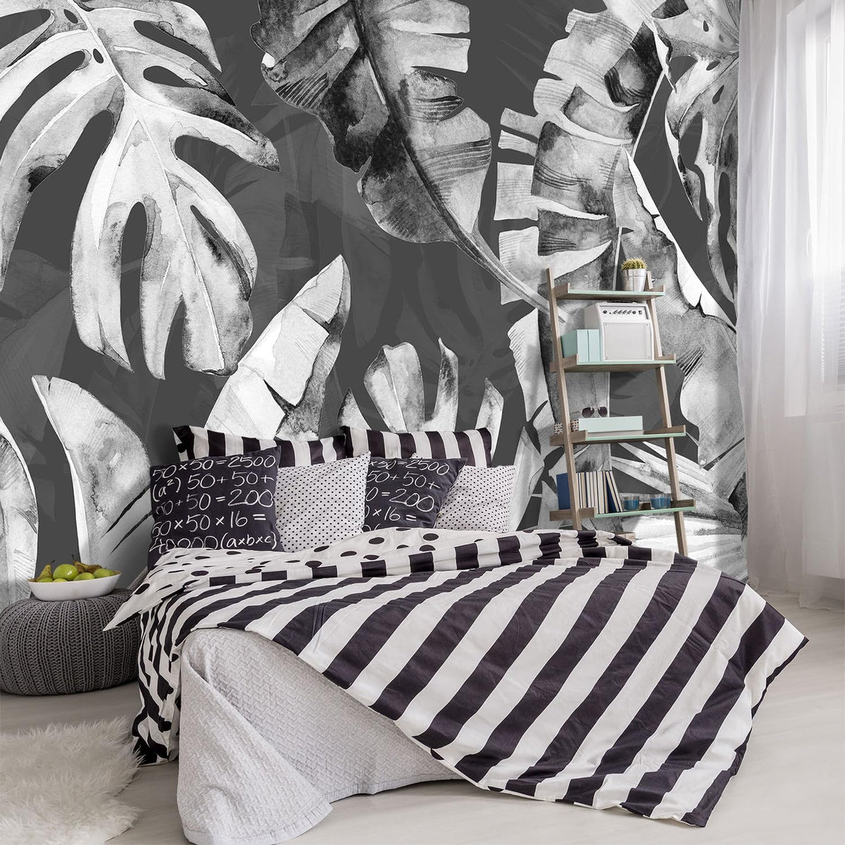 -Tropical Botanical Grey Banana Leaf Fabric Wallpaper Living Room Bedroom Bathroom Plant Wall Mural- 91"x65"（ not Peel and Stick）