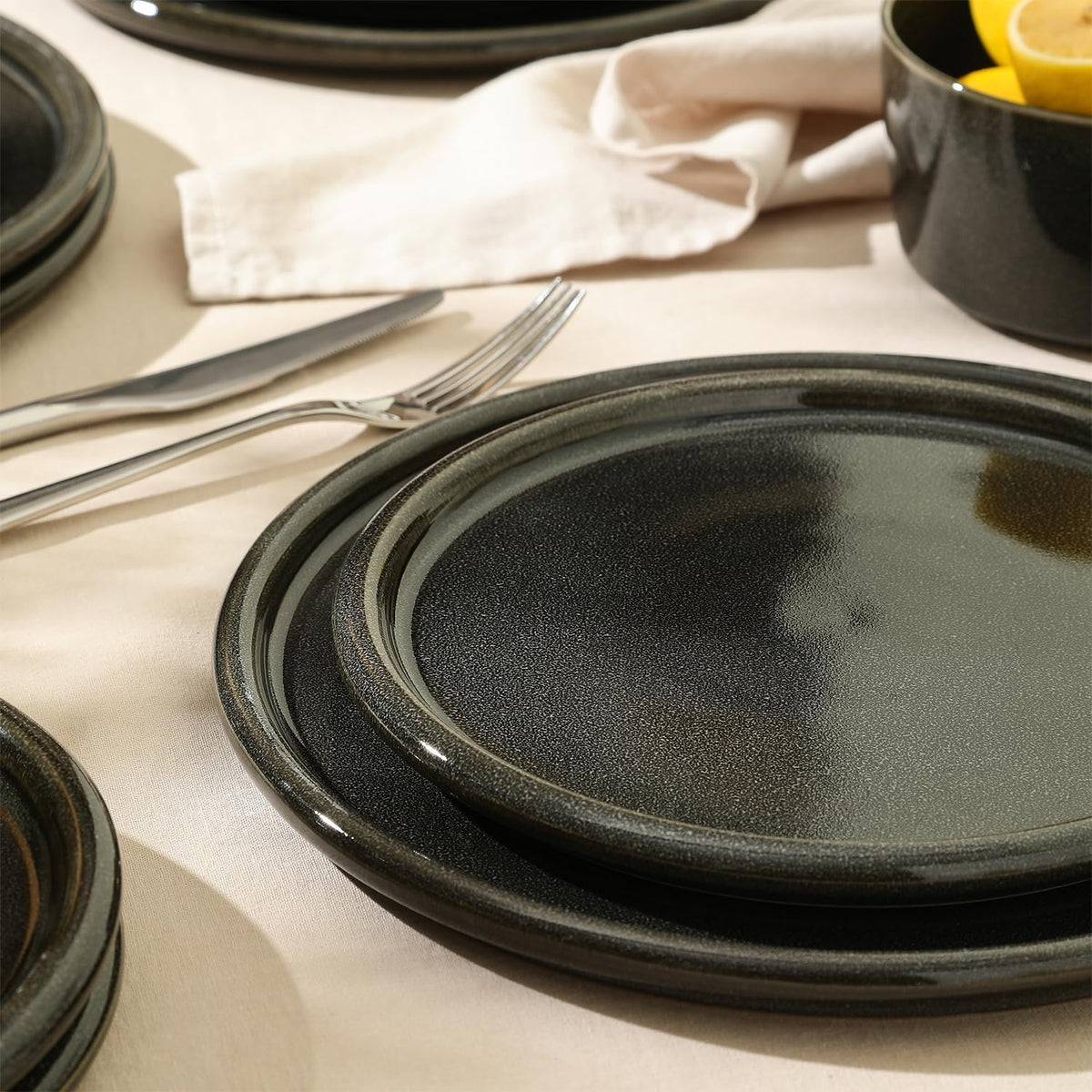 Stone Lain Eden 12-Piece Dinnerware Set Stoneware, Plates and Bowls Set, Dishwasher and Microwave Safe Dish, Dish Set for 4, Charcoal Grey