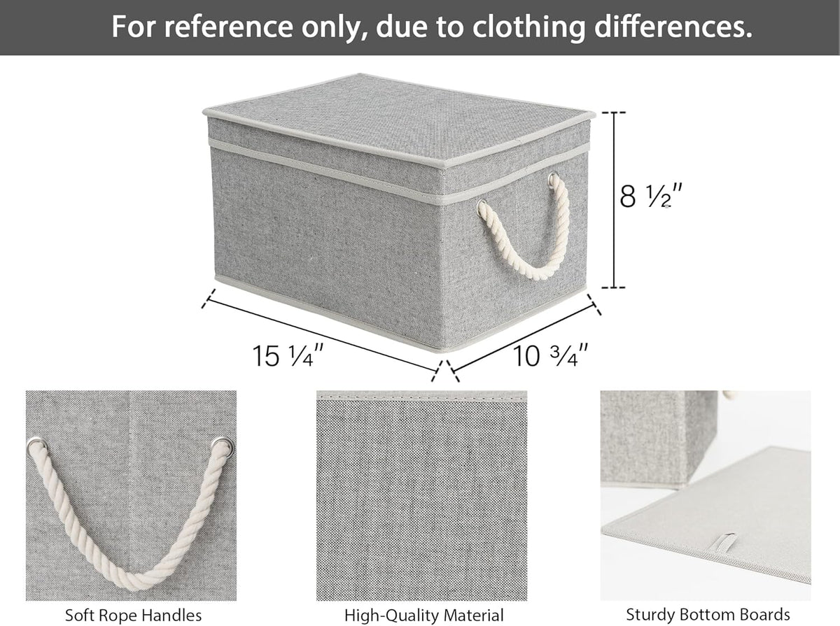 StorageWorks Large Storage Bins with Lids, Decorative Storage Boxes with Lid and Soft Rope Handles, Foldable Storage Baskets for Closet, Shelves, Stackable, Gray, 3-Pack