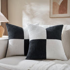 Fancy Homi Set of 2 Black White Samll Decorative Throw Pillow Covers 18x18 Inch with for Couch Bed Sofa Living Room, Soft Cross Patchwork Striped Corduroy Modern Square Cushion Case 45x45 cm