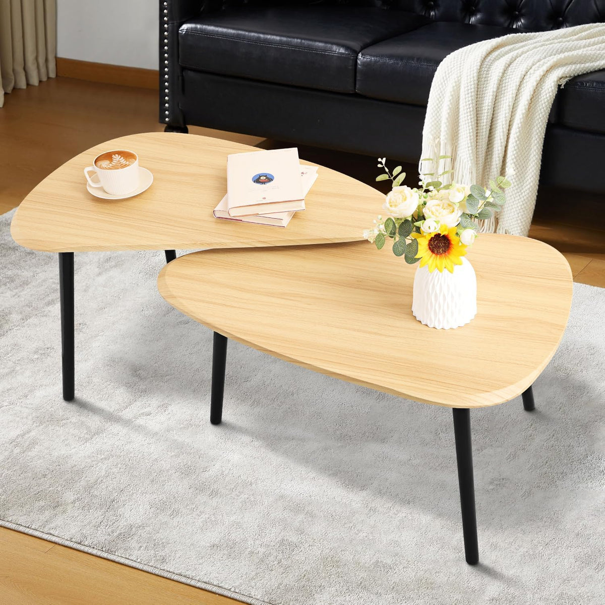 Wood Nesting CoffeeTable Set of 2 Irregular Accent Table for Living Room Bedroom Industrial Small Stacking Side Tables for Couch,Natural