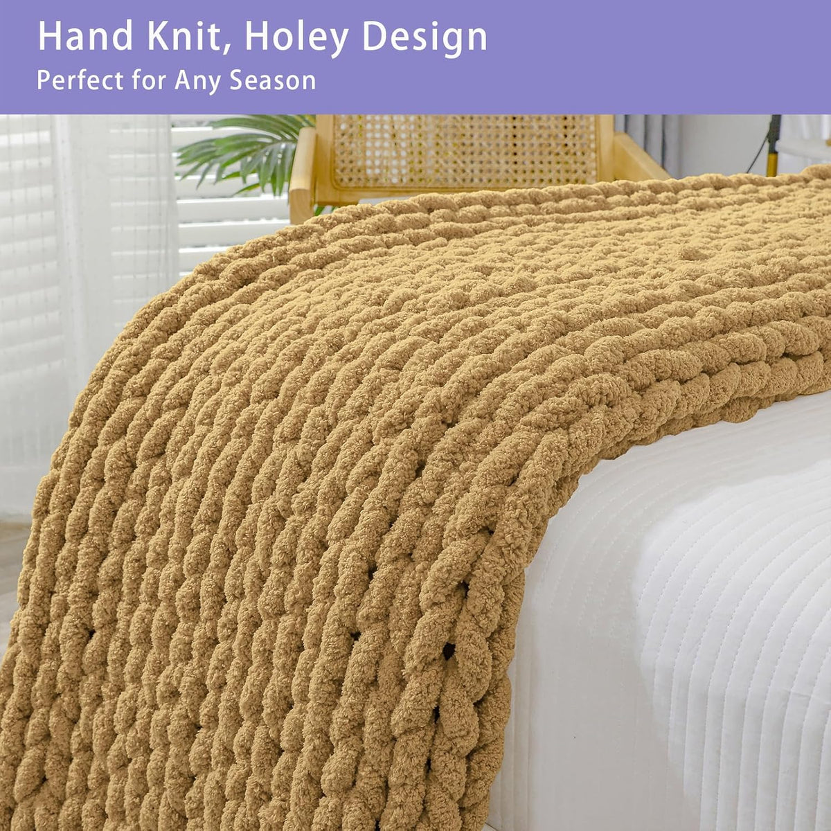 Bigacogo Chunky Knit Throw Blanket for Couch, 51x63 inches, 100% Hand Knitted with Thick Jumbo Chenille Yarn, Cozy Soft Large Rope Knot Cable Crochet Blankets for Sofa Bed Living Room, Goldenrod