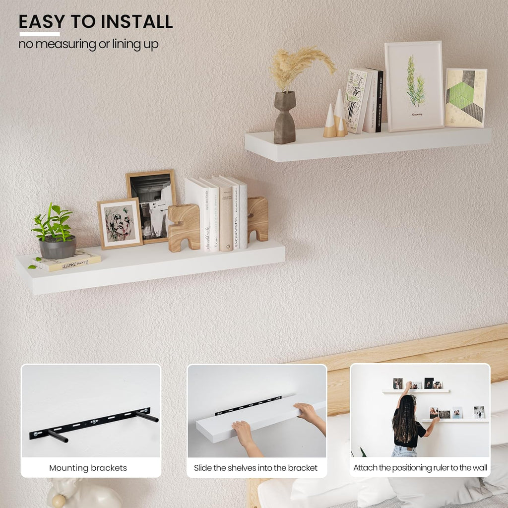 Floating Wood Shelves for Wall 24 Inches x 8”x 1.4” Shelf Floating Home Decor, Heavy Duty Shelf Hold 60 lbs, Wall Shelves for Bathroom Living Room Kitchen Bedroom Office - Set of 2 White