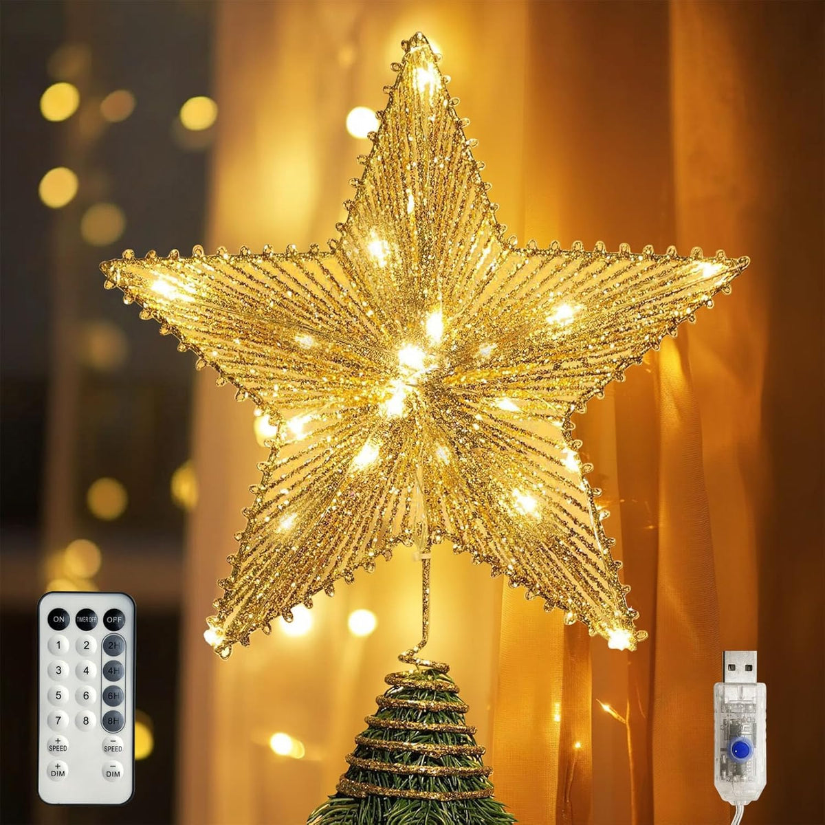 Christmas Tree Topper Star Gold, Christmas Tree Toppers with 50 Warm White LED Lights, Tradition Tree Topper Star for Home Holiday Xmas Tree Christmas Decor, Glitter Gold