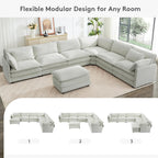 ROWHY 150'' Modular Sectional Sofa Cloud Couch, 7 Seater Big Comfy Corduroy L Shaped Couch with 4 Pillows, Chaise, Ottoman, Deep Seat Sectional Couches for Living Room Office, Light Grey