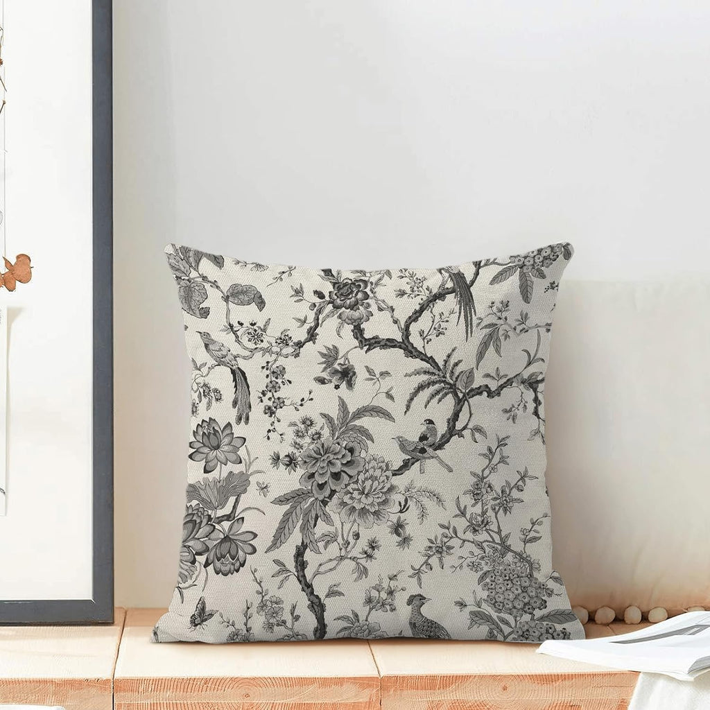 CXMEIFLY Spring Floral Birds Pillow Covers 16 x 16 Inch Set of 2 for Chinoiserie Flowers Decor Throw Pillows Black and White Plant Outdoor Decorative Cushion Cases for Couch Bed Decorations