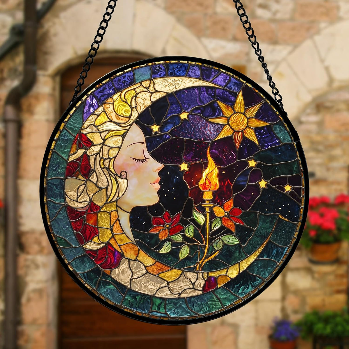 Stained Glass Window Hanging, Moon Goddess Torch Suncatcher Diamond Glass Panel Hangings Dream Sun Catchers Decor for Birthday for Women, Men, Wife, Aunt, and Mom 9.8 in