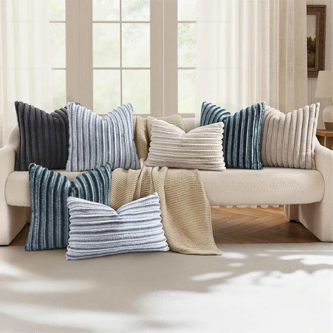 decorUhome Fall Faux Fur Throw Pillow Covers 12x20 Set of 2 Grey White | - Image 5