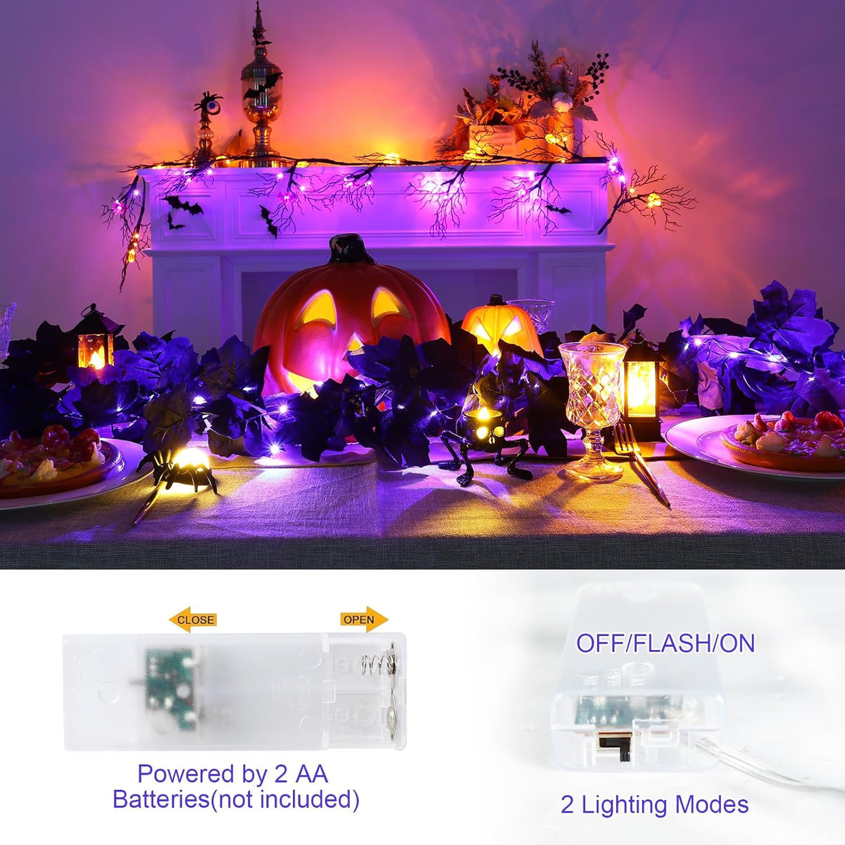 Joyhalo 2 Pack Halloween Garland with Lights, Black Maple Leaves Lighted Garland for Mantle, 5.7FT Light Up Leaf Autumn Vines Outdoor for Door Frame, Fireplace and Thanksgiving Fall Decor