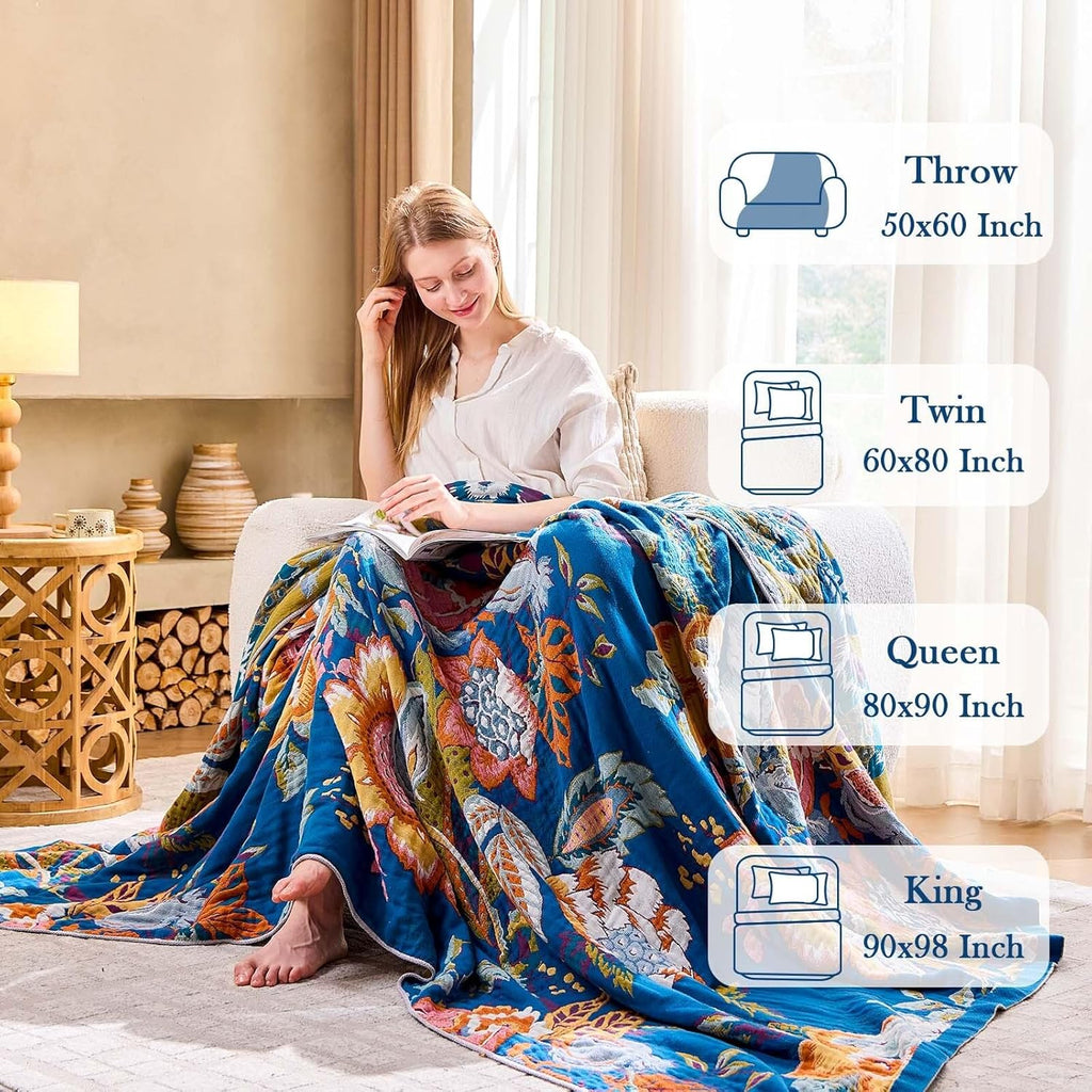 Boho Throw Blanket, Blue Lightweight Blankets for Summer, 100% Cotton Bohemian Decorative Throw Blanket, 60"x80" Reversible Muslin Breathable Woven Farmhouse Blankets Quilt,