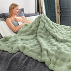 Cozy Bliss Faux Fur Throw Blanket for Couch, Fuzzy Soft Plush Thick Bubble Blanket for Sofa Bedroom Living Room, 90 * 90 Inches Sage Green