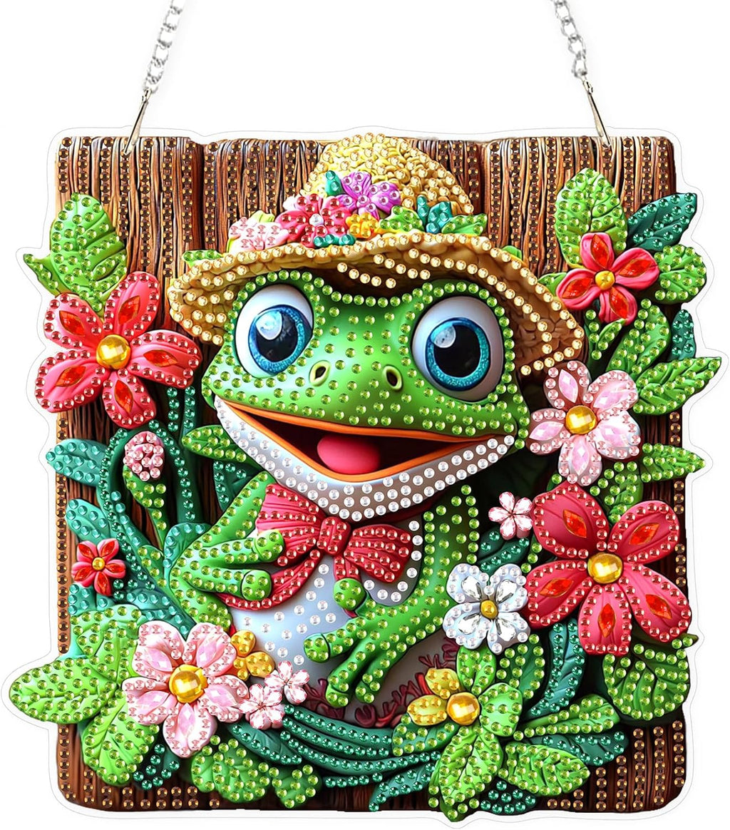 Lxmsja DIY Cute Frog Diamond Painting Hanging Ornament, Double-Sided Acrylic Flowers Diamond Art Kit, Special Shaped Drill Pendant Window Art Kit, Suncatcher Hanging Craft Decoration 8x8 inch