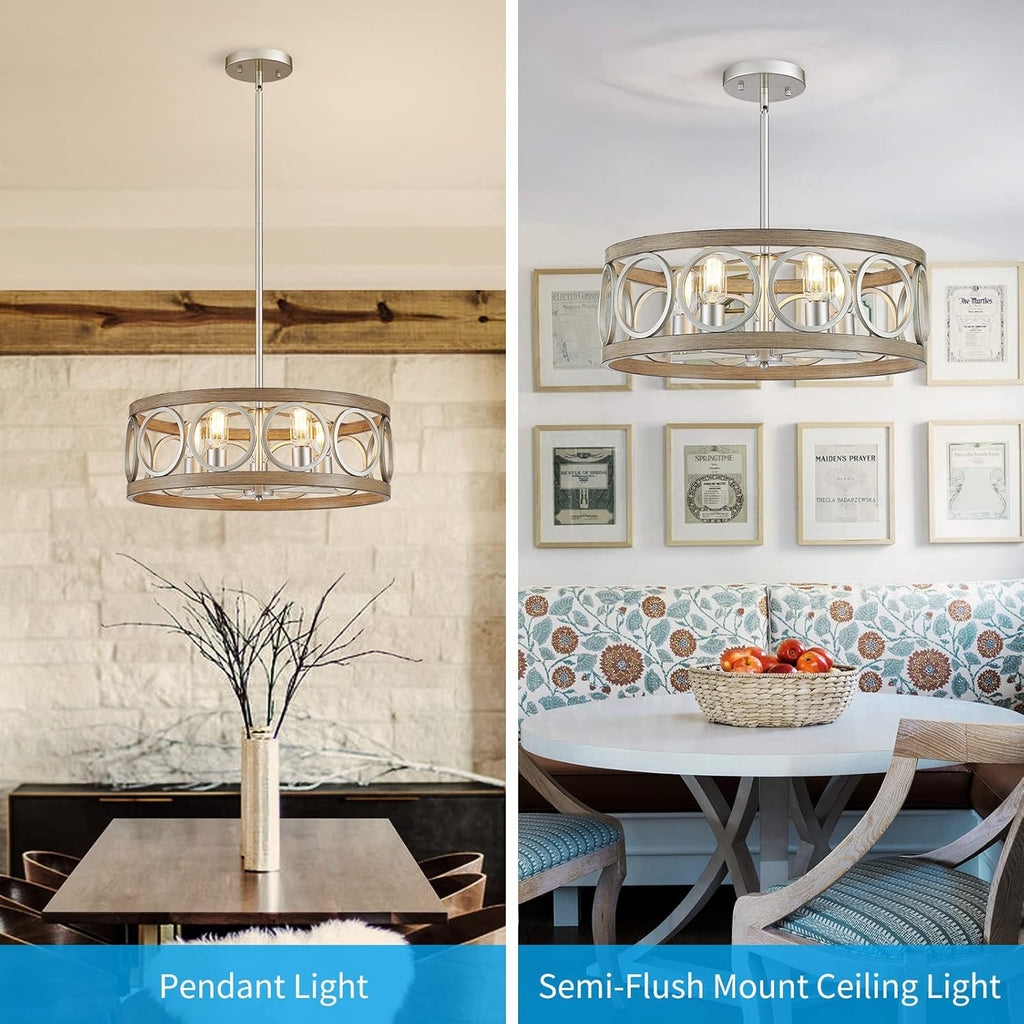 XINGQI 21.7'' Modern Farmhouse Chandelier Drum Pendant Lighting Fixture Hanging Ceiling Lamp for Living Dining Room Over Table, 5 Lights Antique Wood Grain Brushed Nickel with Round Metal