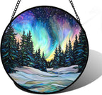 Stained Glass Window Hanging, Aurora Landscape Sun Catchers Glass Panel Green Trees Suncatcher Decor for Birthday for Women, Men, Wife, Aunt, and Mom 11.8x11.8 in