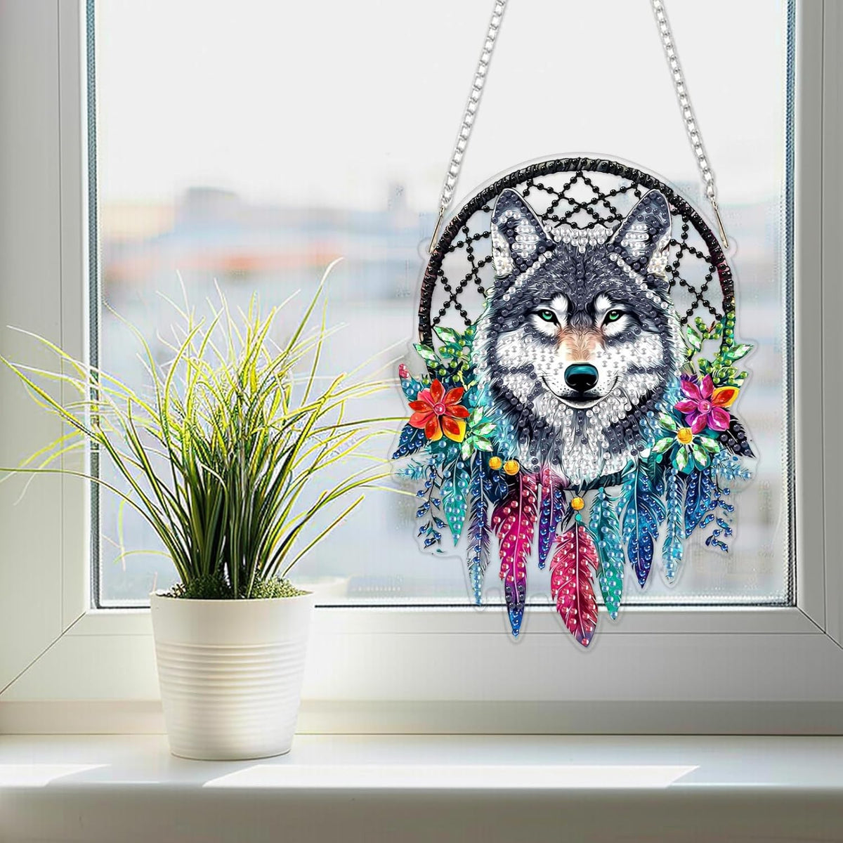 SENQAO Wolf Diamond Art Hanging Kit for Adult, Special Shaped Rhinestone, Double Sided DIY Acrylic Diamond Art Painting Window Pendants Home Garden Wall Hanging Kits Hanging Ornament (Dream Catcher)
