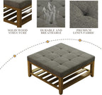 Large Square Ottoman Coffee Table, Linen Solid Upholstered Footrest Ottoman with Solid Wood Shelf Storage Tufted Coffee Table for Bedroom Living Room, Granite