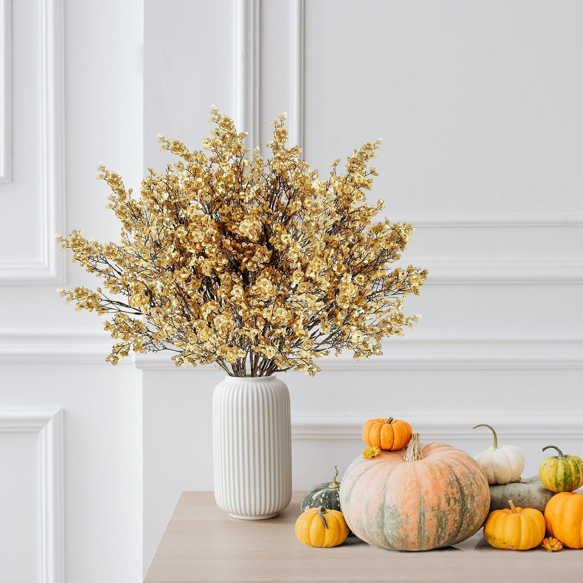 Sggvecsy 15 Pcs Babys Breath Artificial Flowers Gypsophila Bouquets Bulk Real Touch Fake Silk Flowers for Home Wedding DIY Floral Arrangement Kitchen Table Centerpiece Christmas Decoration (Gold)