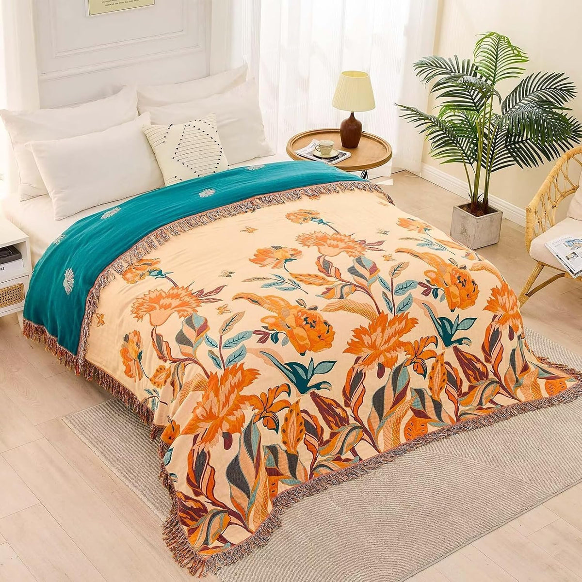 Boho Throw Blanket for Bed, 100% Cotton Soft Rustic Quilt Fall Blanket, 60"x80" Floral Printed Farmhouse Decor Bed Blankets, All Season Rustic Reversible Bohemian Throw Quilt