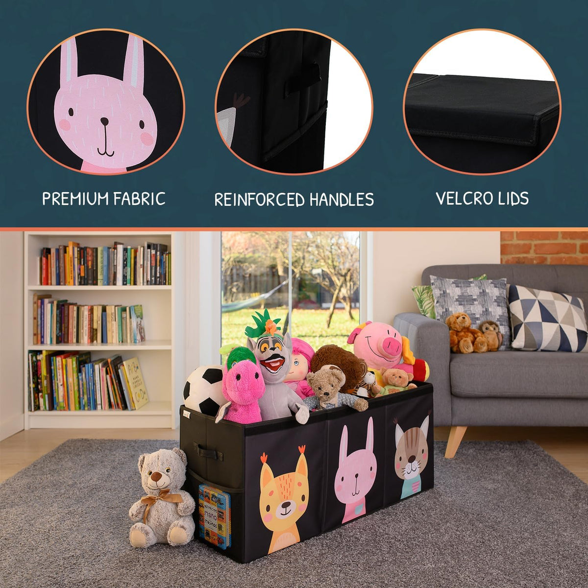 Extra Large Toy Storage Organizer with Lid - Sturdy, Collapsible Toy Chest Storage Box with Cute Design - Toys Bin with Dividers for Kids, Boys, Girls, Nursery, Bedroom, Play room 37"x16"x14"