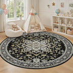 Round Area Rug for Living Room: 8ft Boho Washable Rug Black Gold | Vintage Boho - Image 5