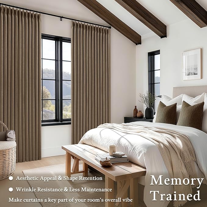 Light Brown 100% Blackout Linen 100 Inch Bedroom Curtains 2 Panels, Latte | - Image 6