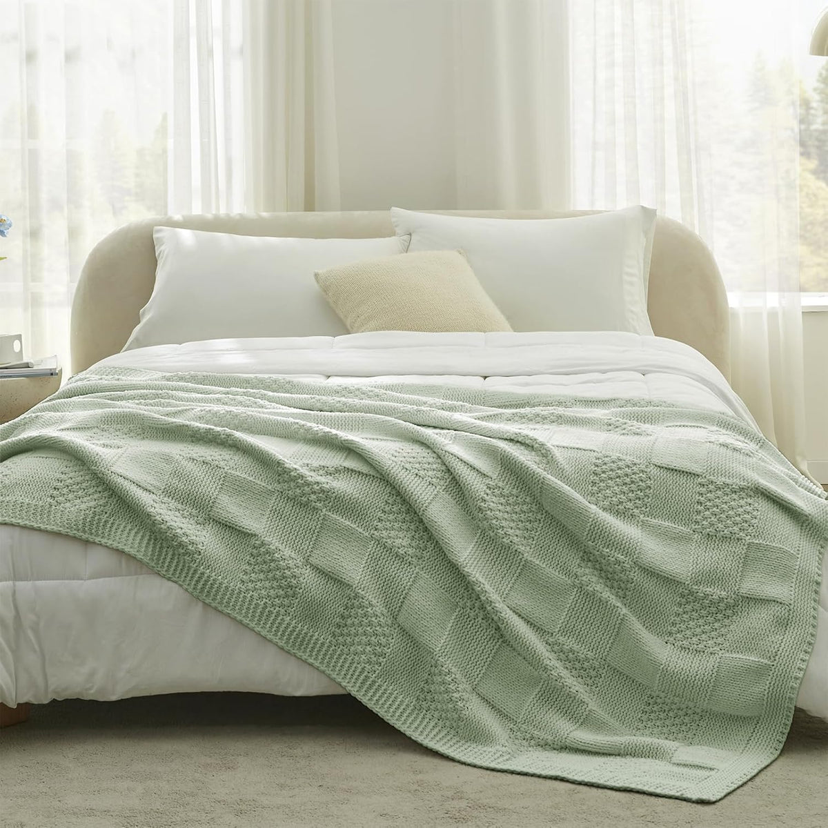 Amélie Home Chenille Knit Throw Blanket for Couch, Checkered Texture Decorative Soft Blanket for Sofa, Bed & Living Room, 50"x60", Sage Green