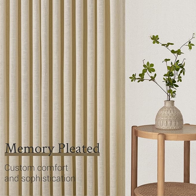 Topfinel Natural Beige Pinch Pleated Semi Sheer Curtains Textured Linen Blended - Image 4