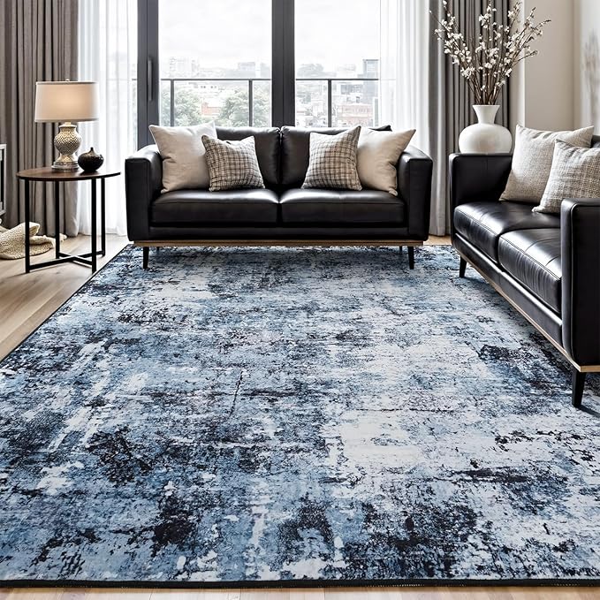 Rugflix 7x10 Area Rugs for Living Room, Washable Navy Blue Dark Large Rug | by RugflixAreaRugs