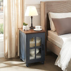Narrow Side Table,Farmhouse Nightstand with Charging Station,Wood End Table with Glass Barn Door Storage, Cabinet Organizer with Adjustable Shelf, Night Stand for Small Spaces for Living Room Bedroom