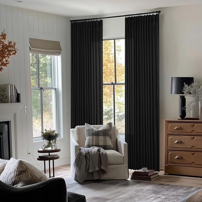 Black Pinch Pleated Linen Semi Sheer 108 Inch Curtains 2 Panels | Light - Image 7