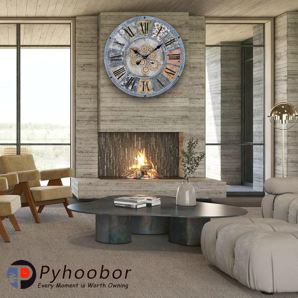 Unique Moving Gear Large Round Wall Clock 21inch-Battery Powered. Retro Industrial Steampunk Country Farmhouse Decor for Living Room Kitchen Bars cafes Offices(Blue/metal/21)