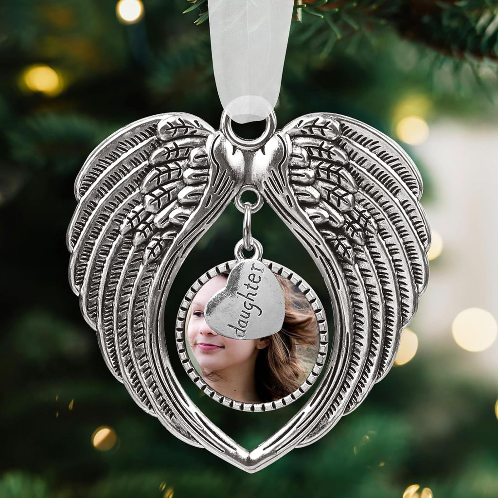 Christmas Ornaments Angel Wings with Custom Photo Frame for Loss of Loved One Remembrance Keepsake with Silk Ribbon & Red Gift Box