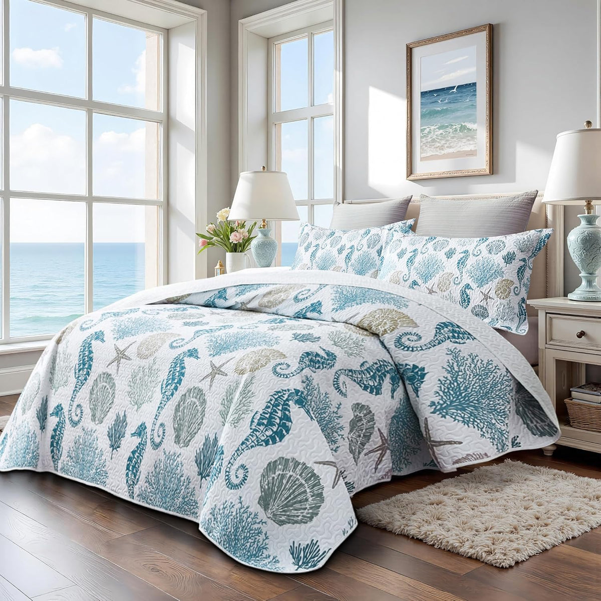 Coastal Bedding King Size Coastal Quilt with 2 Shams, Nautical Beach Comforter Sets Ocean Bedspreads Blue Seahorse Coverlet Summer Bedding, 96''x106''