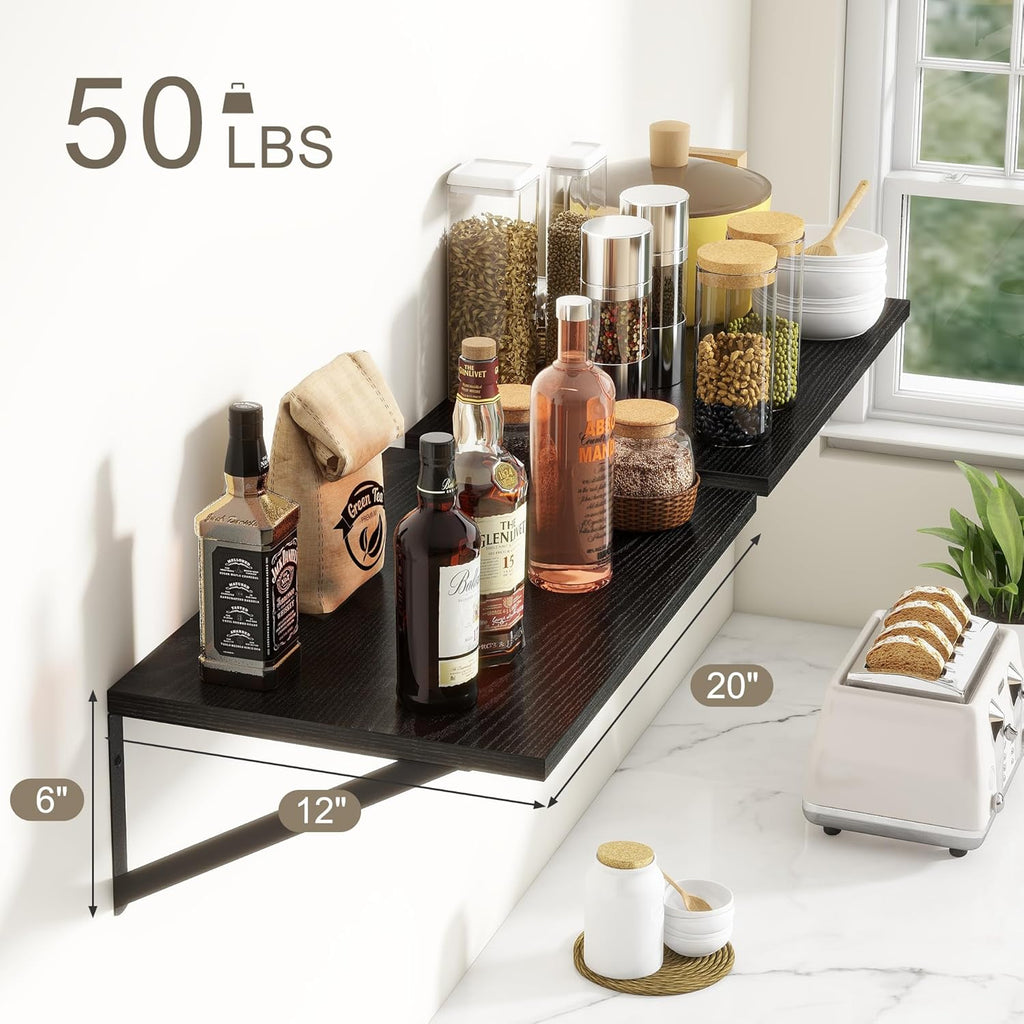 Fun Memories 20 Inch Floating Shelves for Wall, Black Bathroom Shelves Set of 2, 12 Inch Deep Wall Shelf for Bedroom, Kitchen, Large Home Decor Shelves Farmhouse Storage Shelf