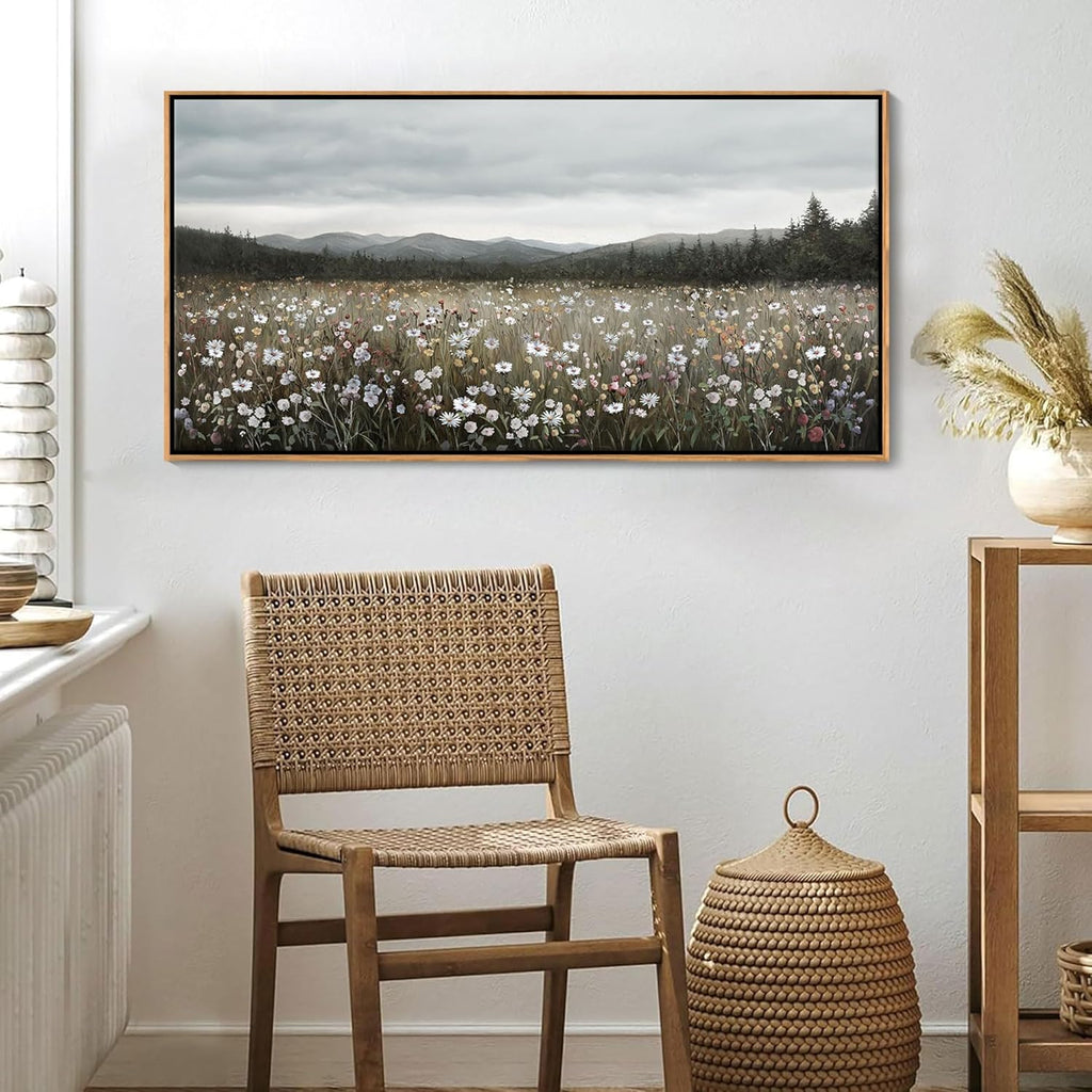 HGUAOA Vintage Framed Floral Landscape Wall Art for Living Room - Large Nature Artwork Above Bed Wall Decor - Farmhouse Mountain Pictures for Bedroom Wall Decor 20×40IN