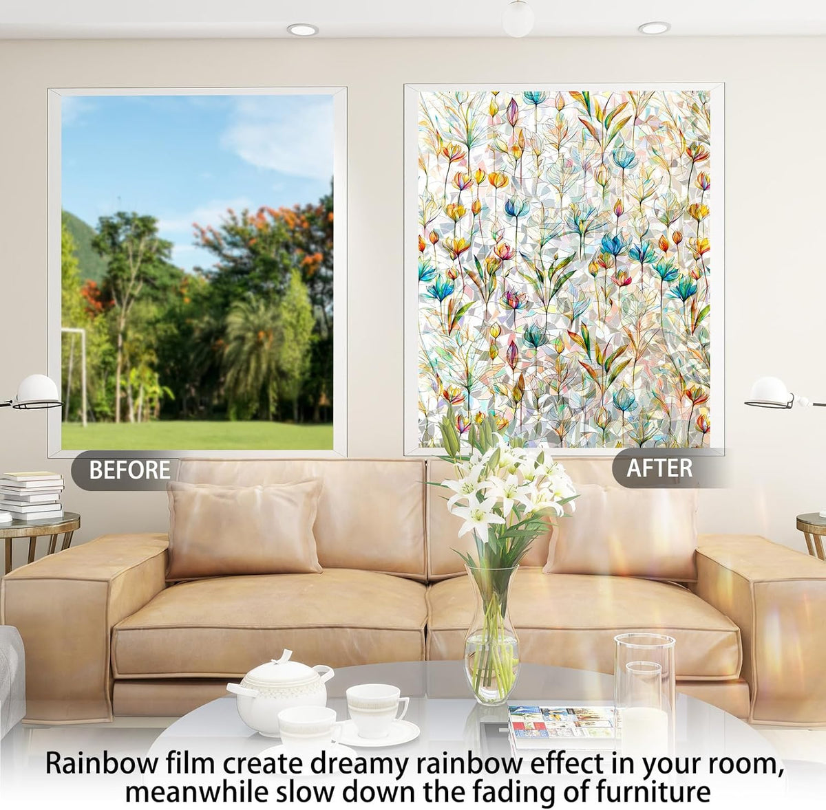 Rainbow Window Privacy Film 3D Floral Decorative Stained Glass Window Film Anti UV Non-Adhesive Reusable 17.5" x 157.4" for Home Room Car Glass Cling