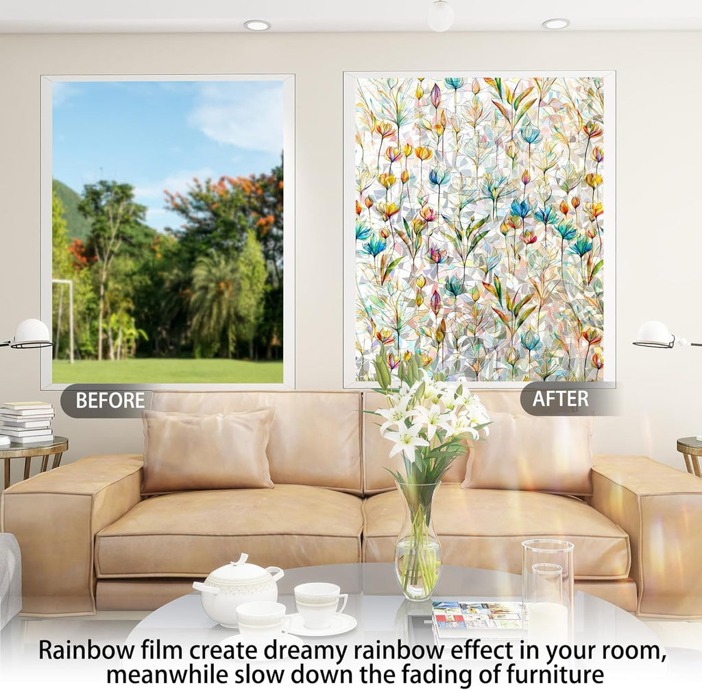Rainbow Window Privacy Film 3D Floral Decorative Stained Glass Window Film Anti UV Non-Adhesive Reusable 23.6" x 78.7" for Home Room Car Glass Cling