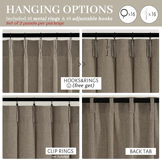 Dark Flax Pinch Pleated Curtains 92 Inches Long 2 Panels Set - Image 7